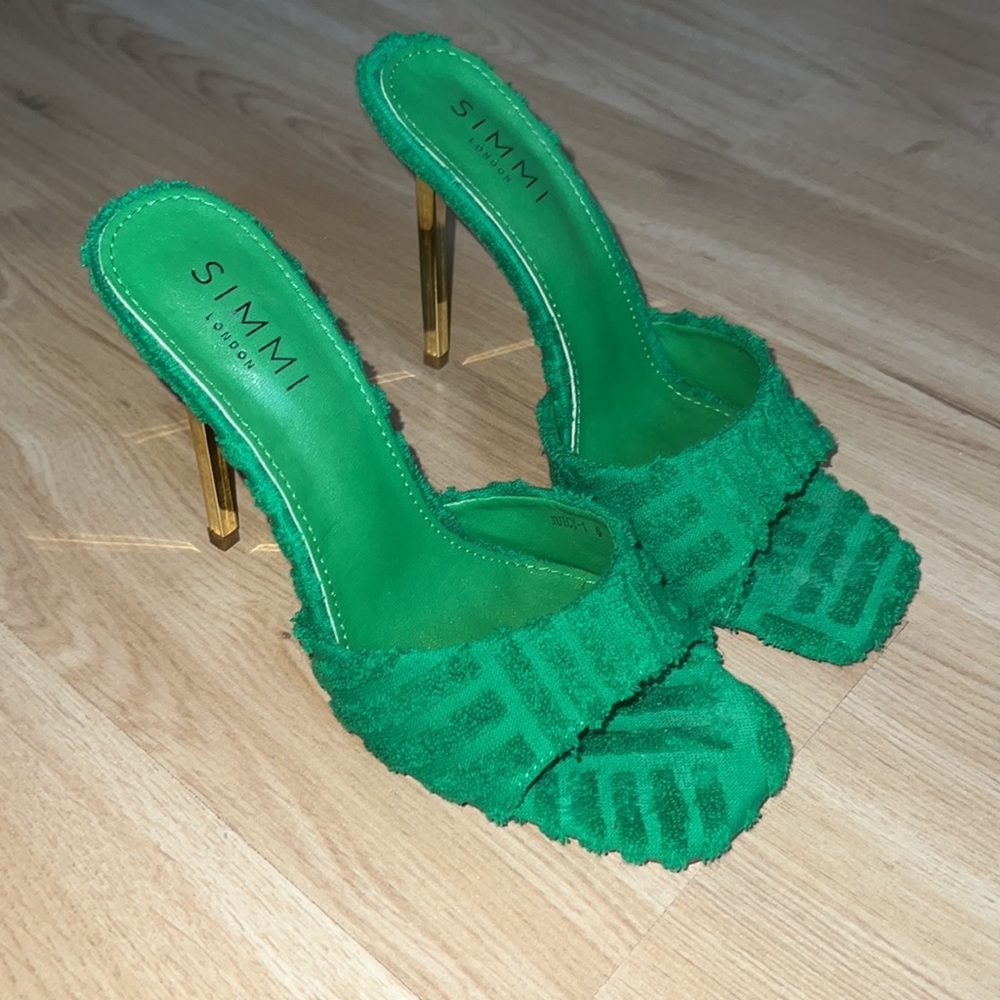 Simmi juicy green towelling high heel mules